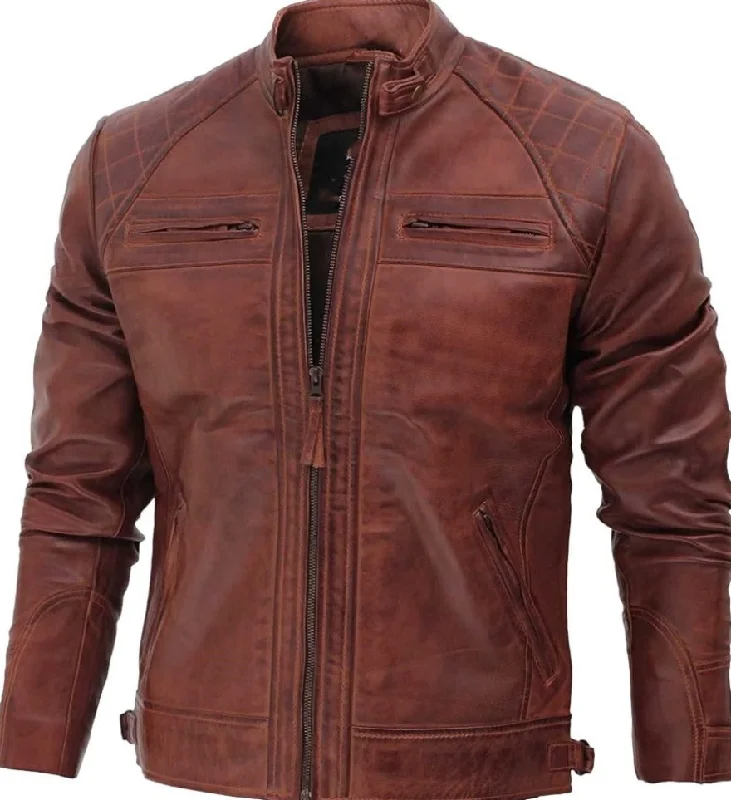 Brown Cafe Racer Jacket Distressed Quilted Shoulders