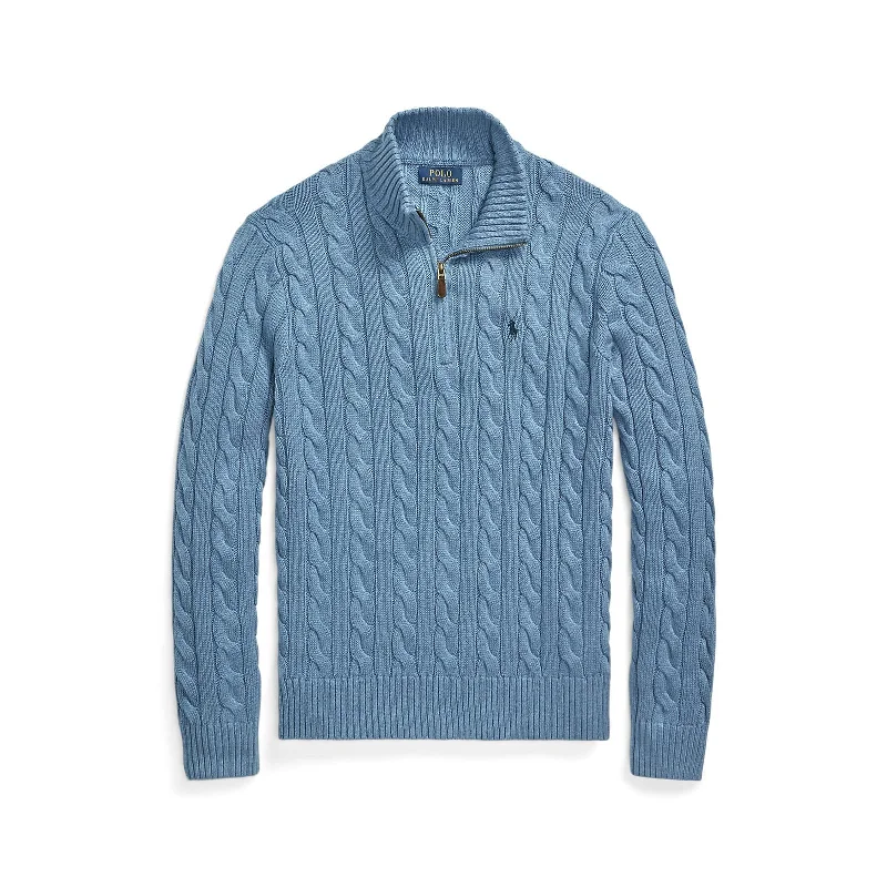 Cable Knit Cotton Sweater - Sky Blue Heather