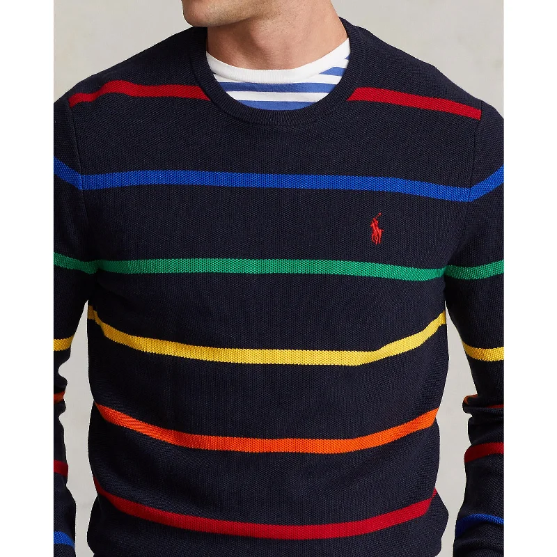 Striped Mesh Knit Cotton Sweater - Navy