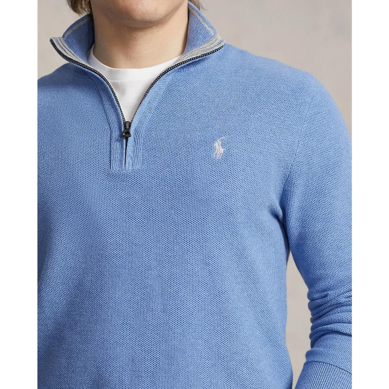 Mesh-Knit Cotton Quarter Zip  - Summer Blue