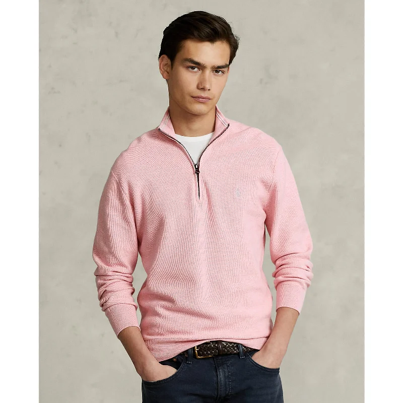 Mesh Knit Cotton Quarter Zip Pullover - Pink Heather