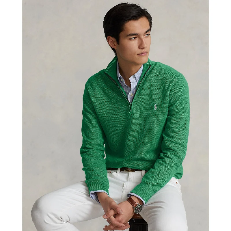 Mesh Knit Cotton Quarter Zip Pullover - Green