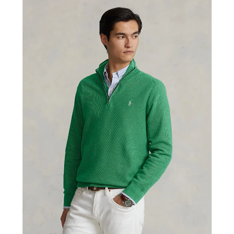 Mesh Knit Cotton Quarter Zip Pullover - Green