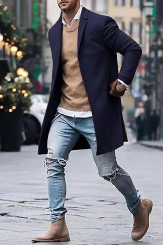 Men Dark Blue Overcoat Vintage Long Trench Coat Stylish Long Jacket For Business Men Casual Coat Winter Outwear