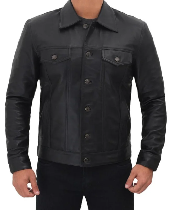 Mens Black Leather Trucker Jacket