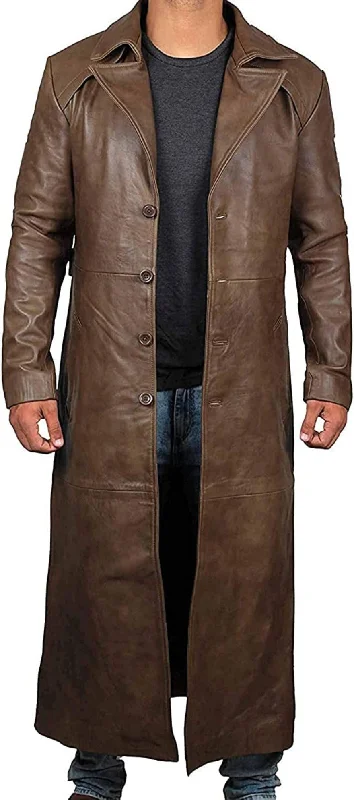 Mens Brown Leather Trench Coat Full Length