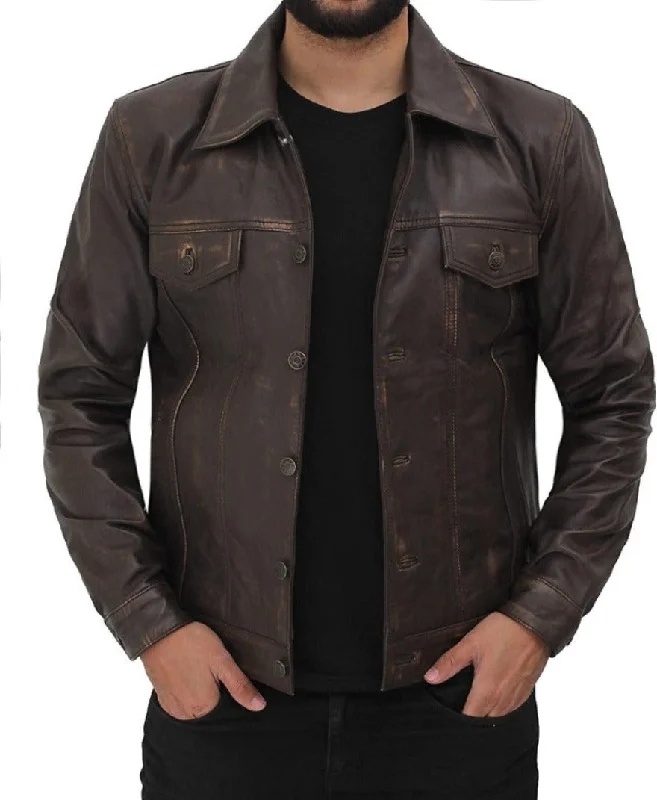 Mens Brown Leather Trucker Jacket  | Genuine Nappa Sheepskin