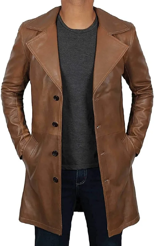 Mens Leather Trench Coat Brown