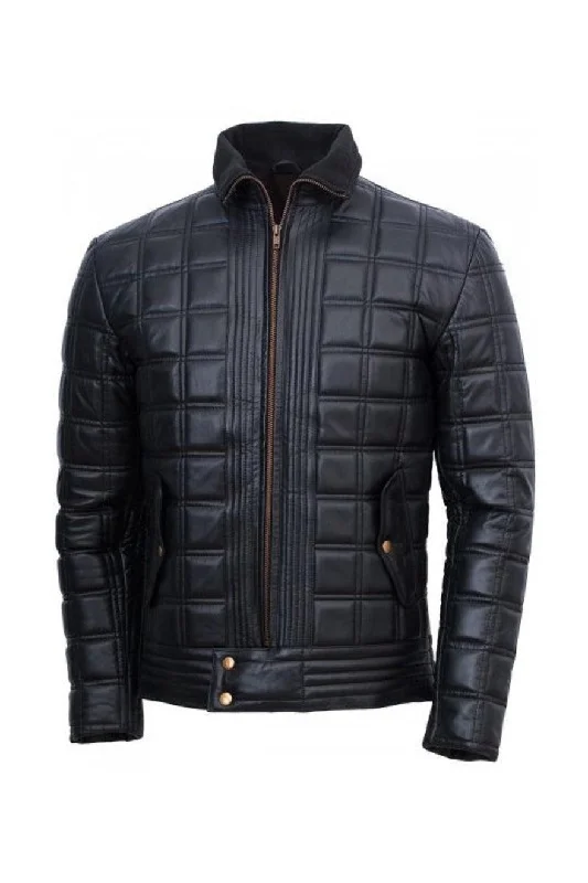 Mens Quilted Black Leather Jacket | Square Pattern