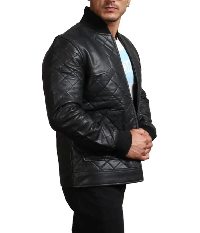 Mens Quilted Leather Jacket | Diamond Pattern