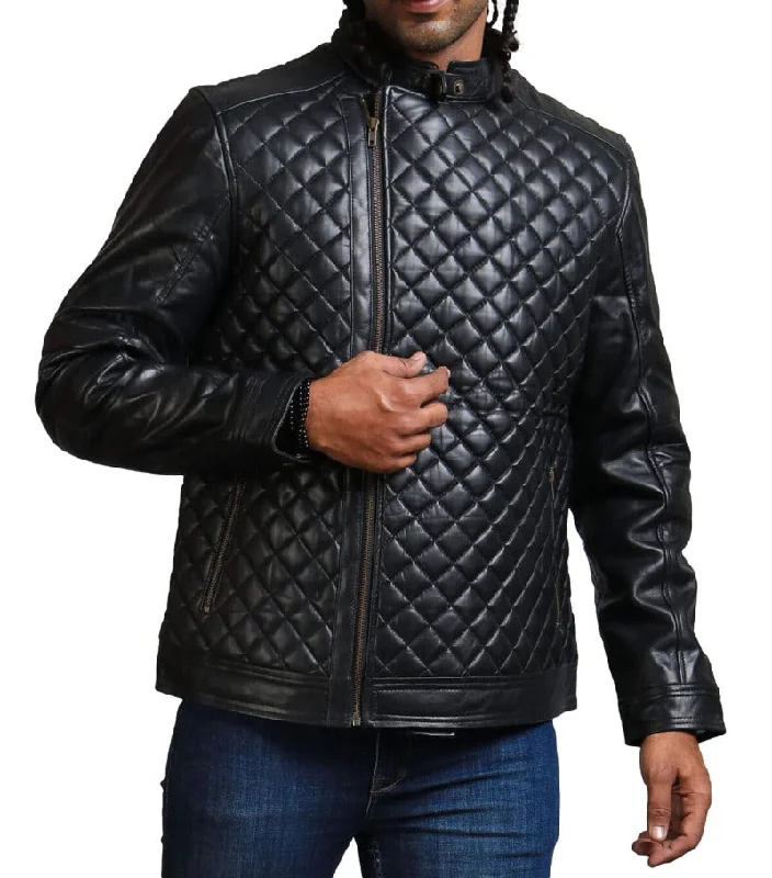 Mens Quilted Leather Jacket | Diamond Pattern