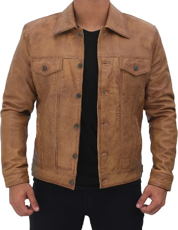 Tan Leather Trucker Jacket Genuine Nappa Sheepskin