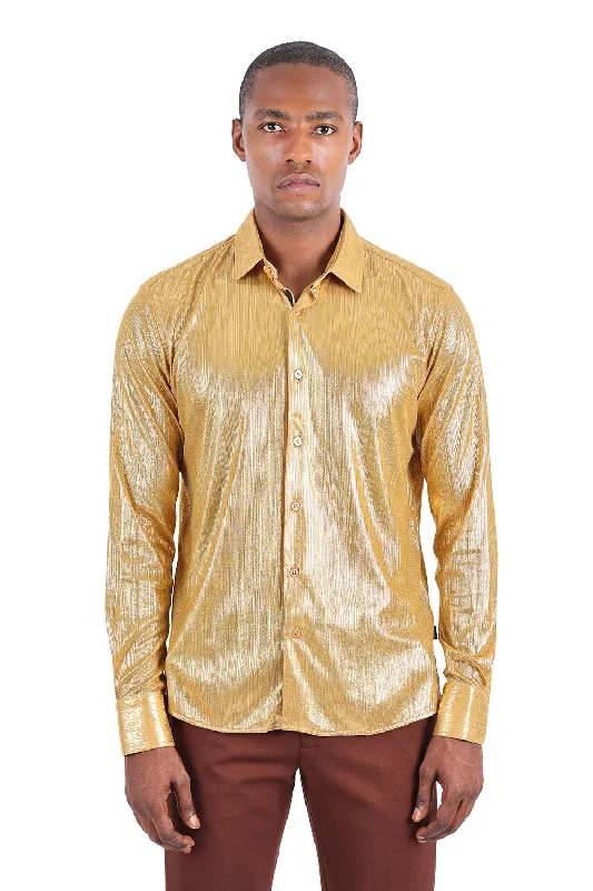 Barabas Gold PU Patten Double Pocket Button Up Shirt