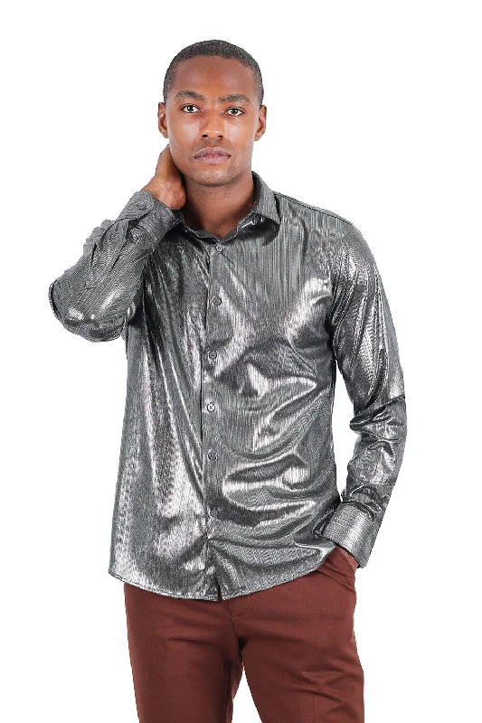 Barabas Silver PU Patten Double Pocket Button Up Shirt