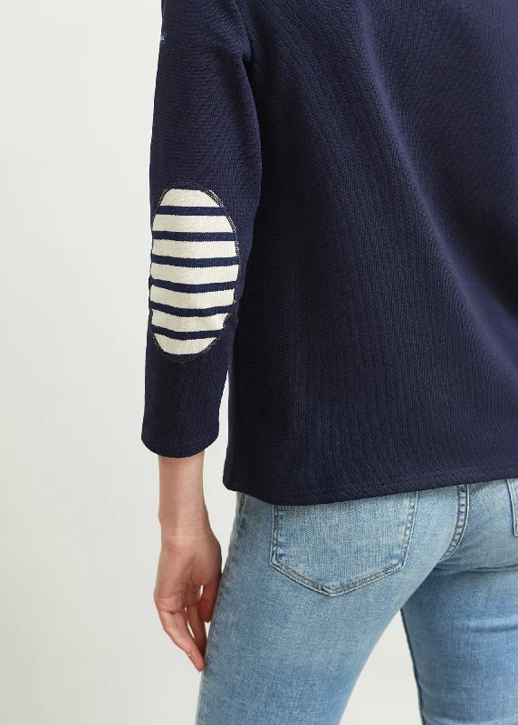 Guildo boat neck sailor shirt - striped elbow patches, in thick cotton (NAVY)