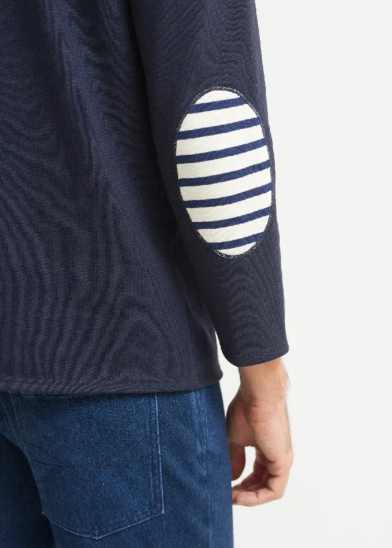 Guildo boat neck sailor shirt - striped elbow patches, in thick cotton (NAVY)