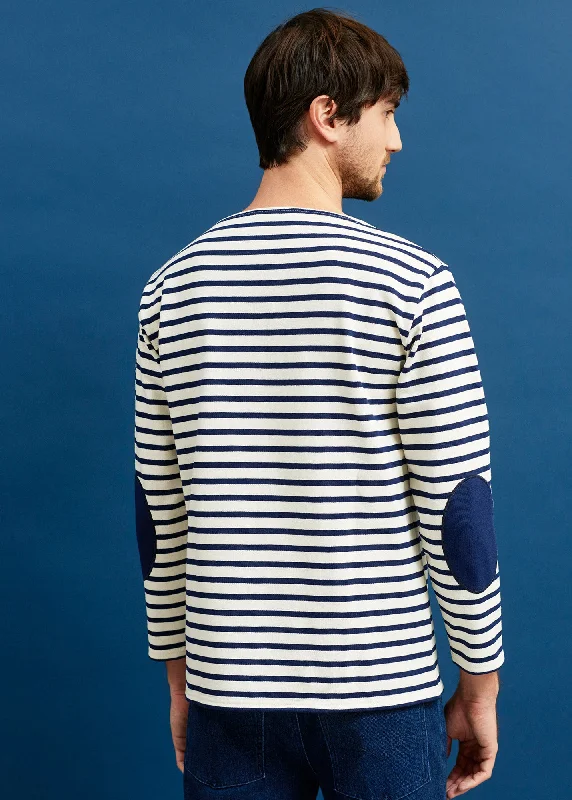 Guildo boat neck striped sailor shirt - plain elbow patches, in thick cotton (ECRU/MARINE)