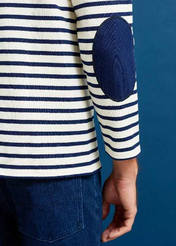 Guildo boat neck striped sailor shirt - plain elbow patches, in thick cotton (ECRU/MARINE)