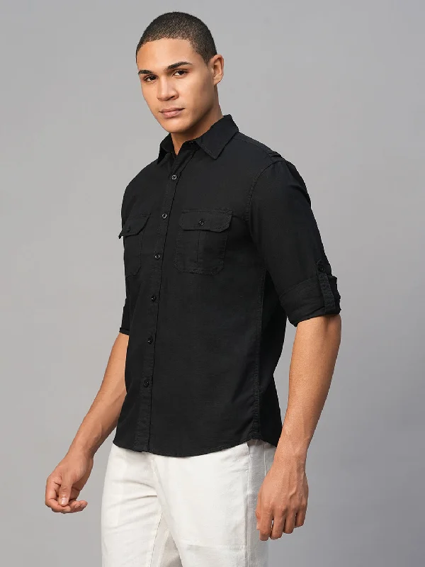 Men's Black Cotton Linen Regular Fit Shirt