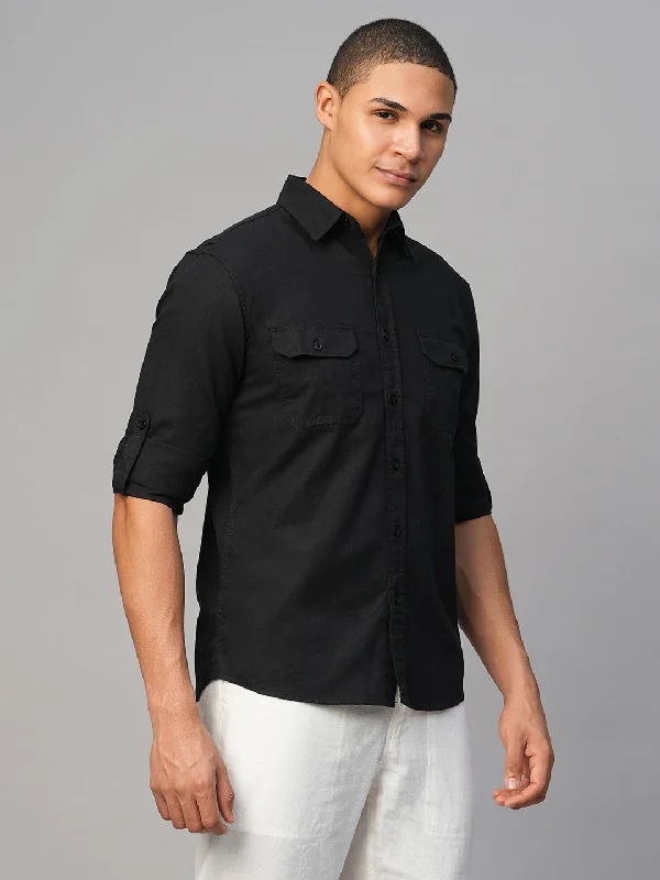 Men's Black Cotton Linen Regular Fit Shirt