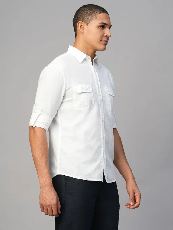 Men's White Cotton Linen Regular Fit Shirt