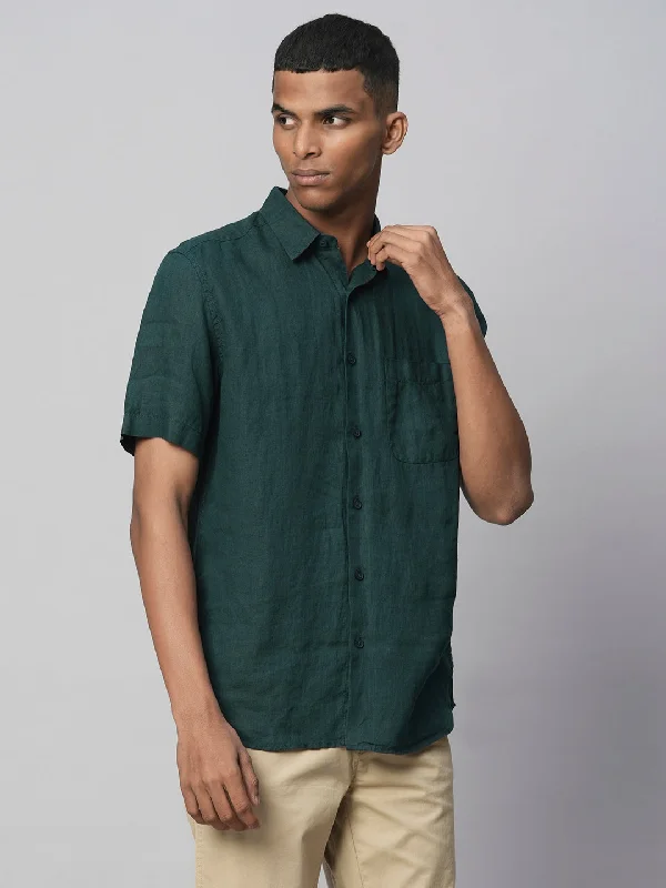 Men's Darkgreen 100% Linen Regular Fit Shirts