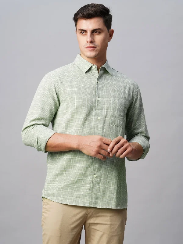 Men's Green Linen Cotton Regular Fit Checked Shirt