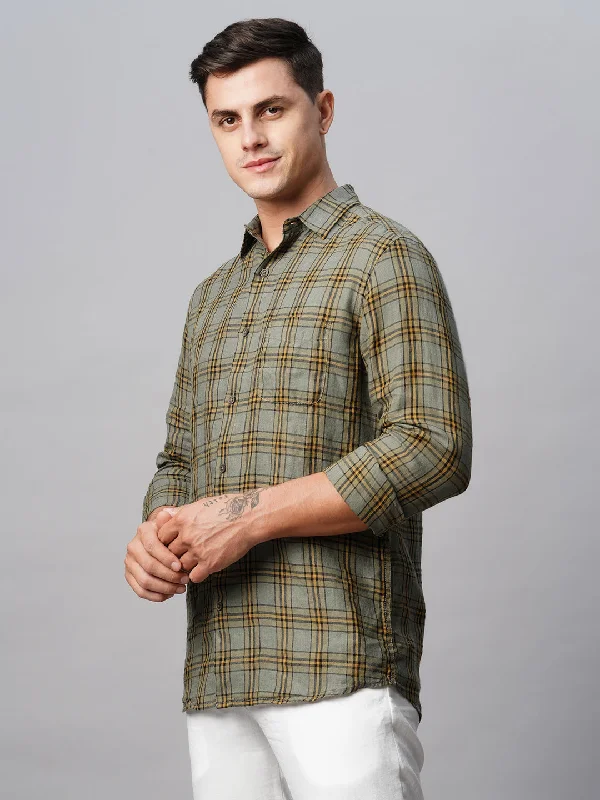 Men's Olive Linen Regular Fit Checked Shirt