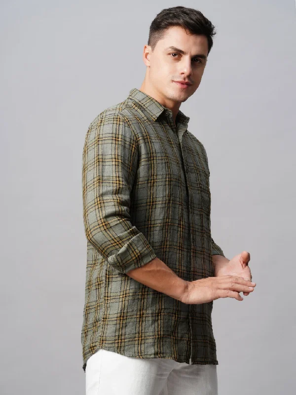 Men's Olive Linen Regular Fit Checked Shirt