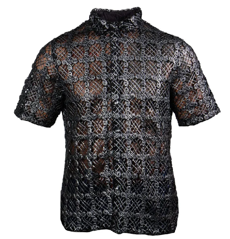 Prestige Black Silver Cross Lace Short Sleeve Button Up Shirt