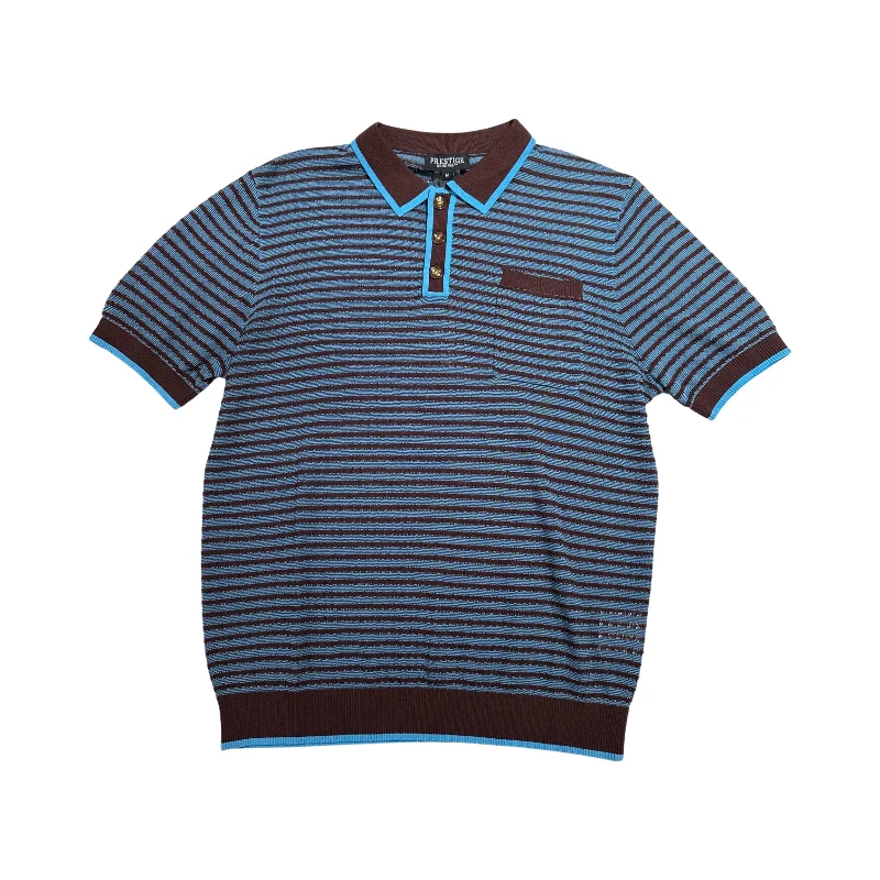 Prestige Brown & Blue Stripe Knit Button Polo Shirt