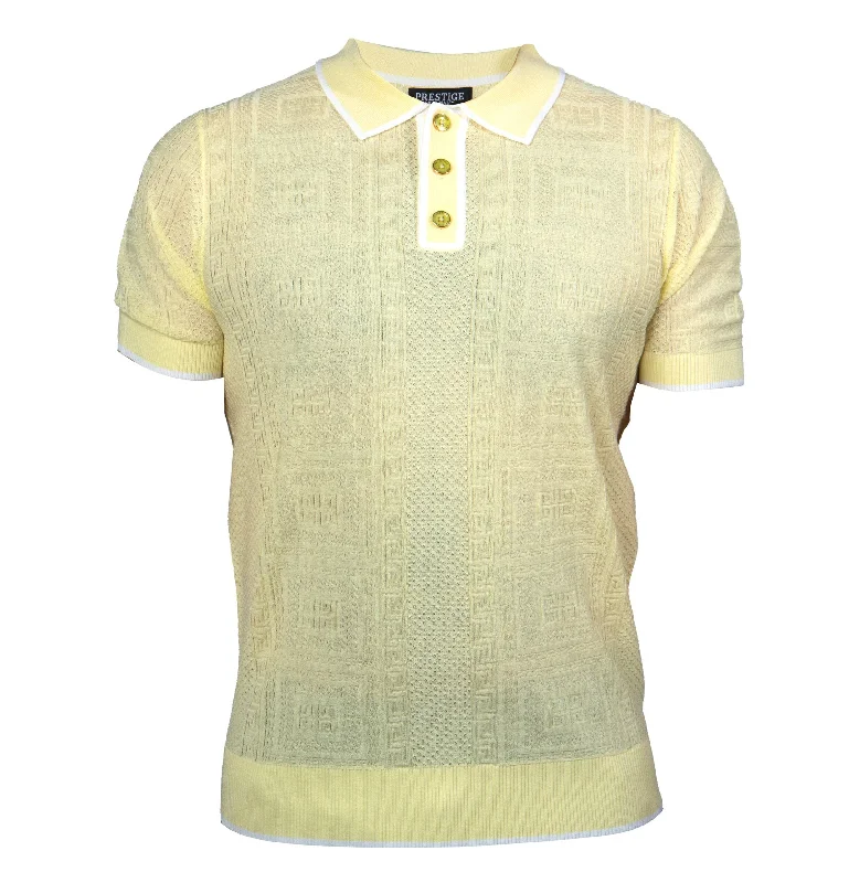 Prestige Yellow Greek Key Knit Button Polo Shirt