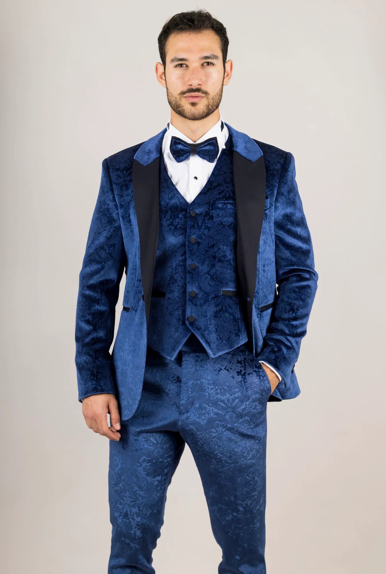 AK-27 - Men's Blue 3 Piece Velvet Wedding Tuxedo Suit