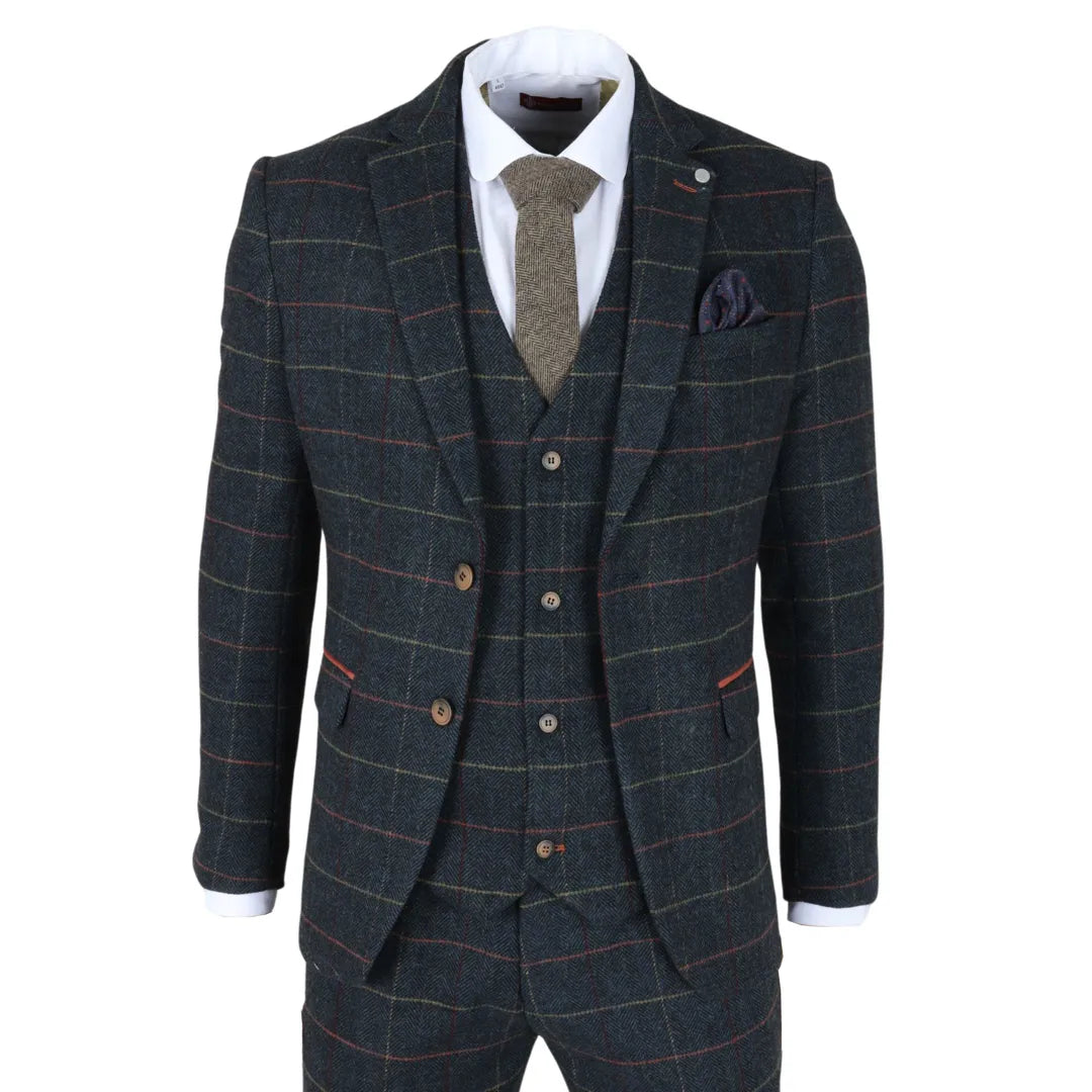 Archer - Men's Navy Checked Herringbone Tweed 3 Piece Suit