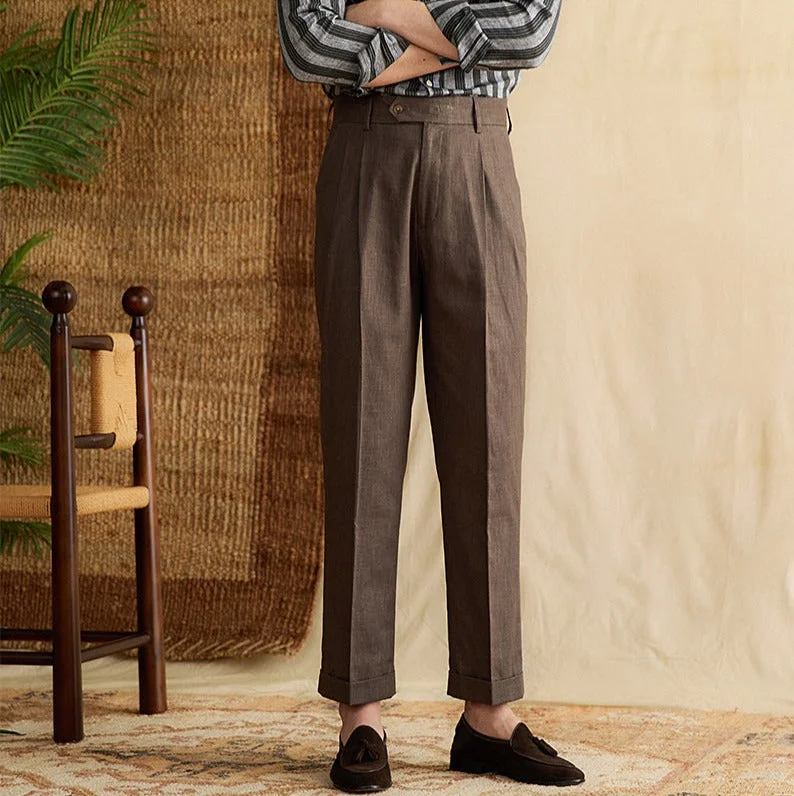 Bergamo Cotton Linen Blend Double Pleated Straight Fit Trousers