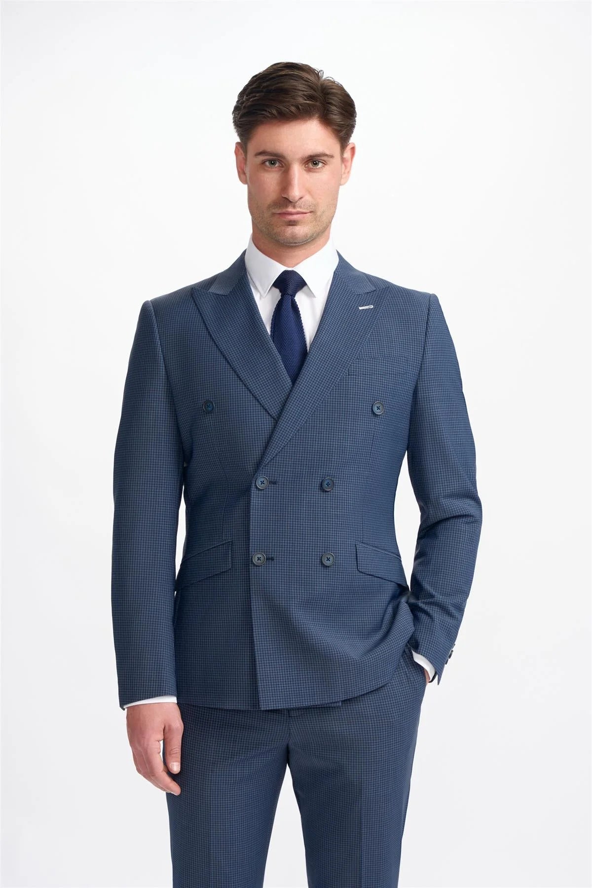 Bond - Men's Navy Check 2 Piece Double Breasted Suit