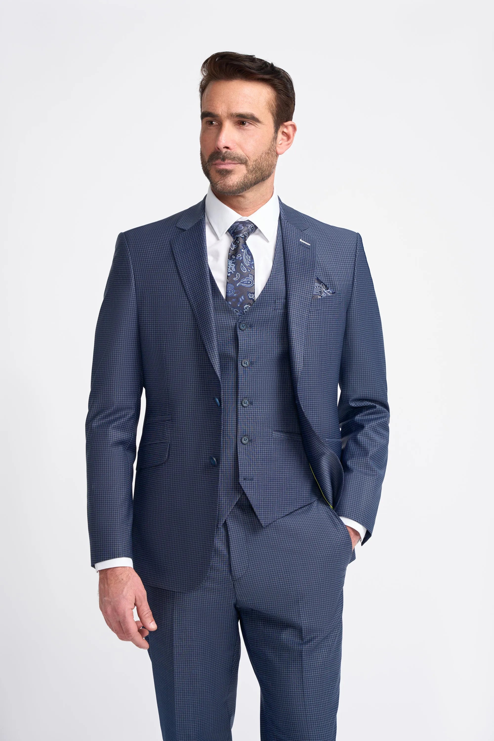 Bond - Men's Navy Check 3 Piece Tailored Fit Suit