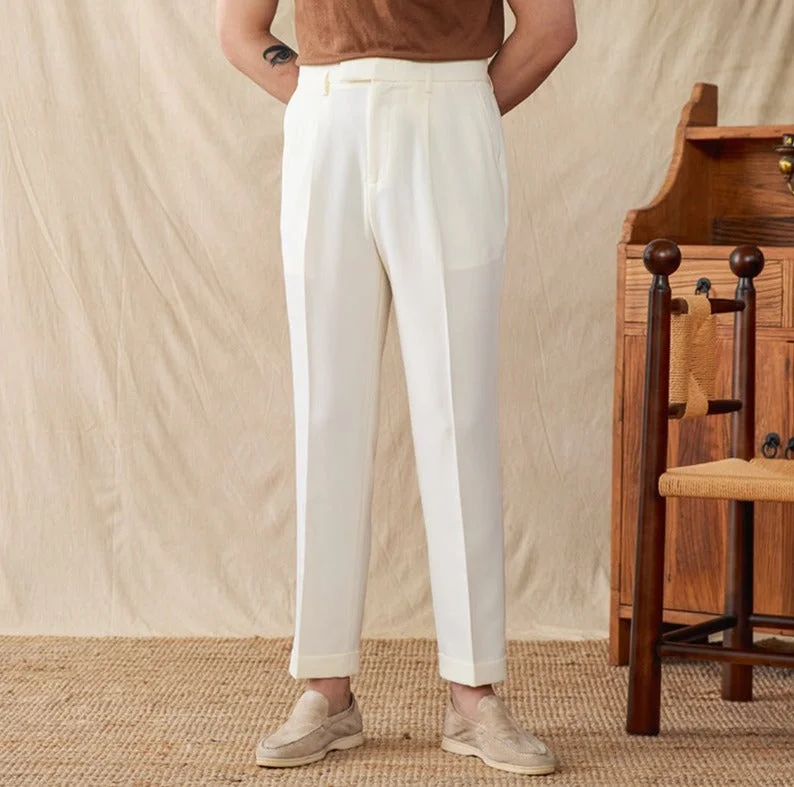 Business Cotton Blend Pleated Straight Fit Trousers