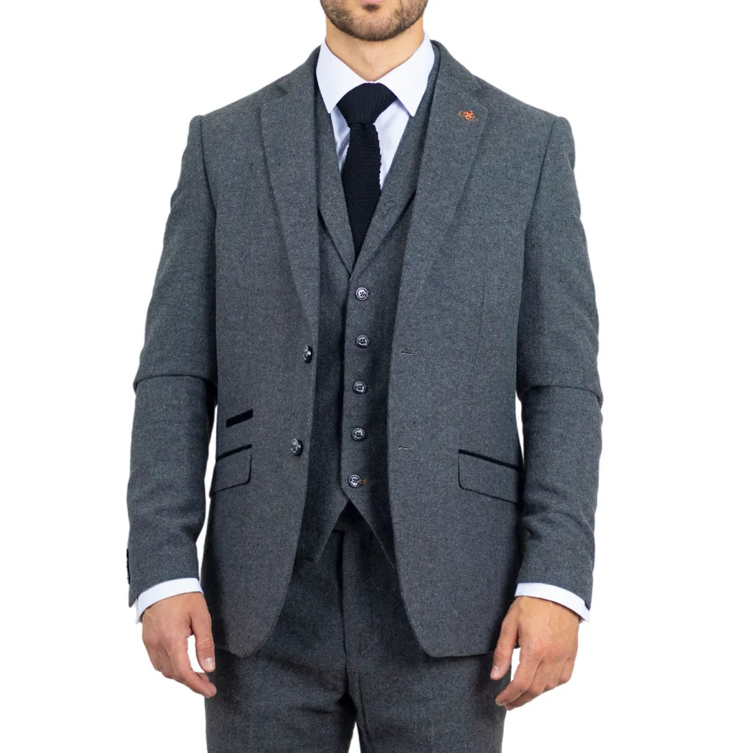 Cosmo - Men's Grey 3 Piece Herringbone Tweed Suit