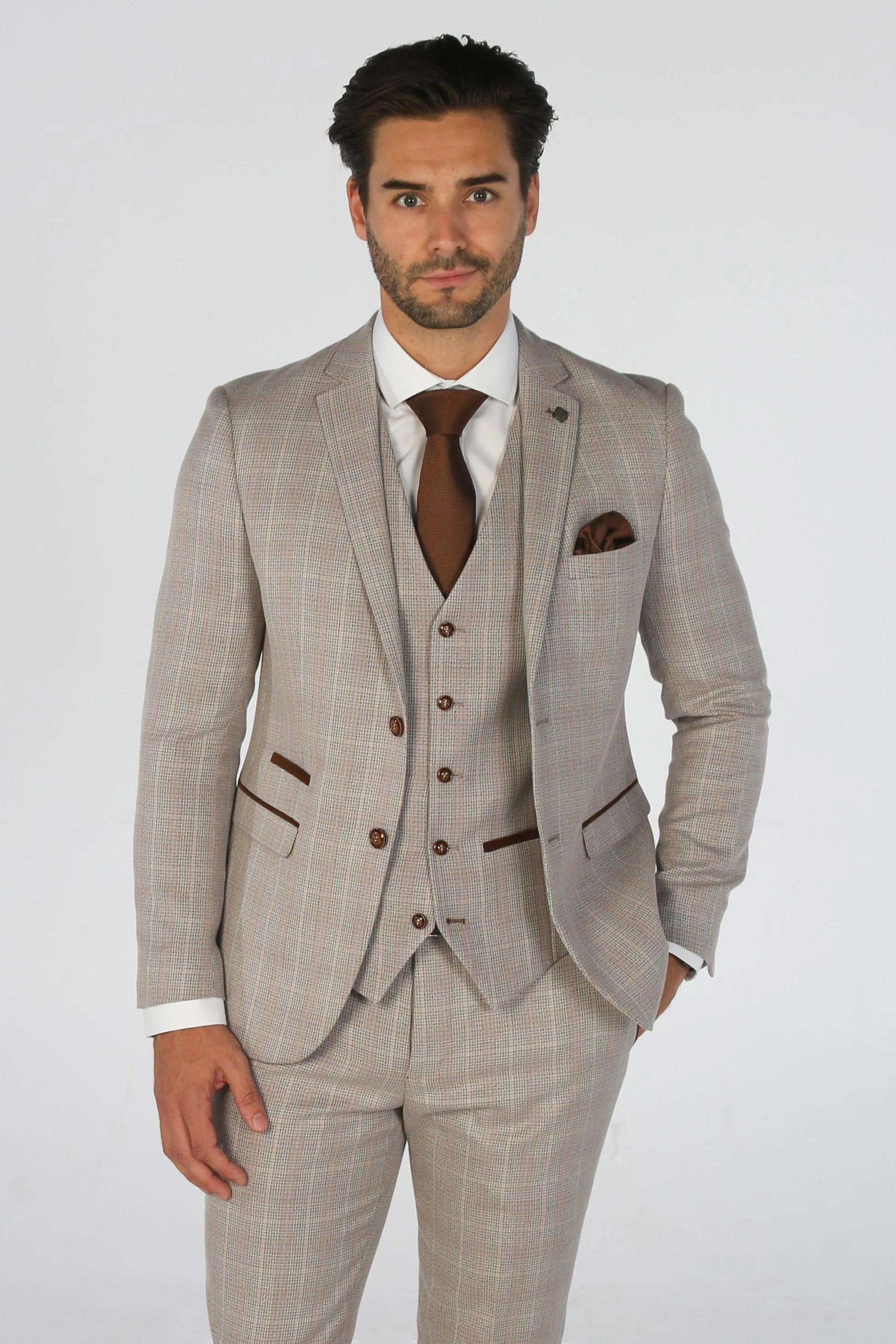 Leo - Men's Beige 3 Piece Checked Tailored Fit Suit