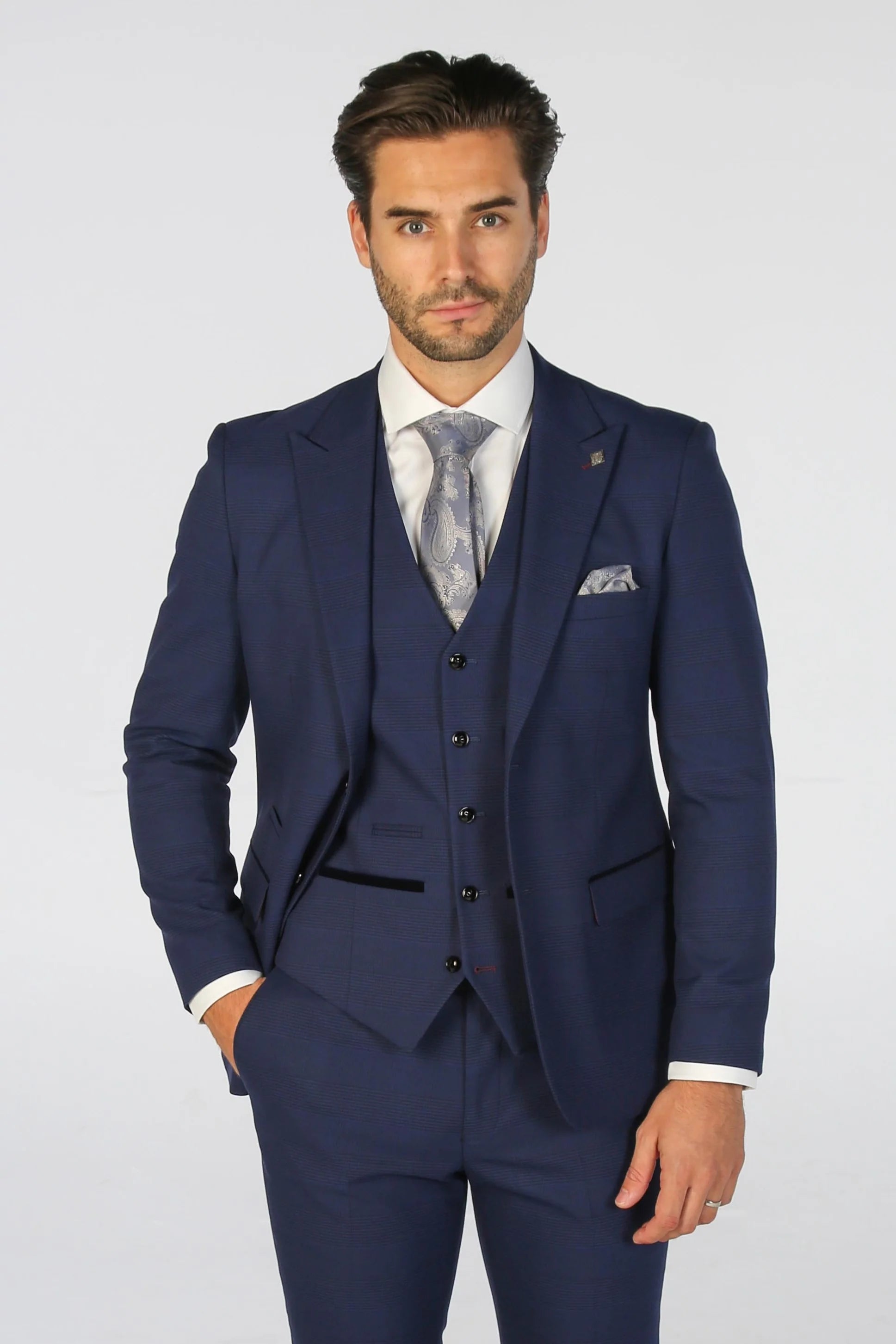 Mark - Men's Navy Blue 3 Piece Checked Tailored Fit Suit