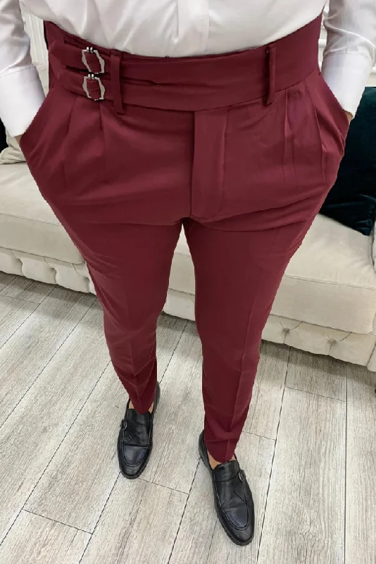 Men Burgundy Slim Fit Trouser Formal Pant Double buckle Wedding Pant Dinner Pant Groom Wear Gift For Him