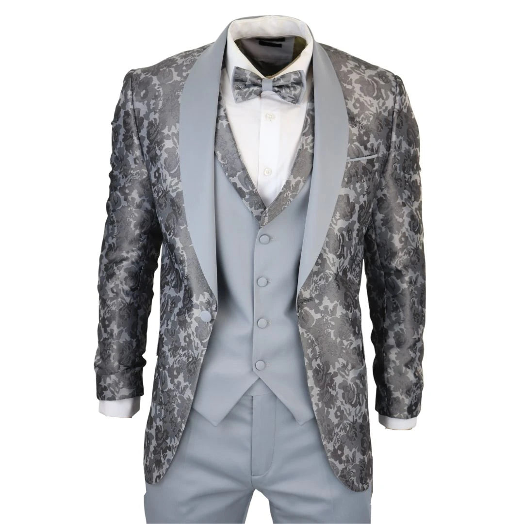 Men's Grey 3 Piece Tuxedo Suit With Matching Bow Tie