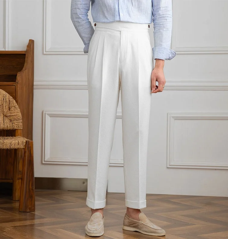 Moneglia Seersucker Double Pleated Straight Fit Trousers