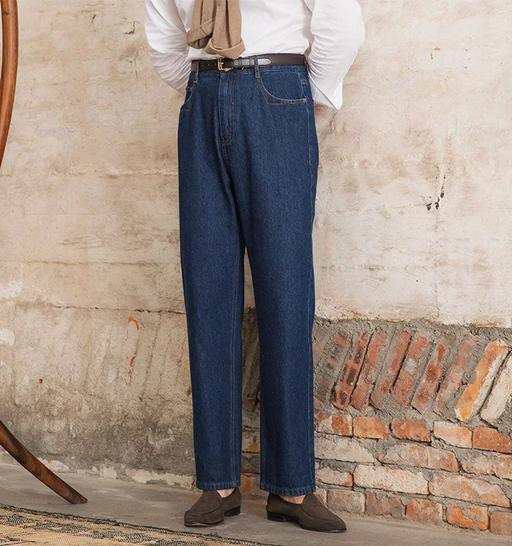 Paris Cotton Pleated Straight Fit Denim Trousers