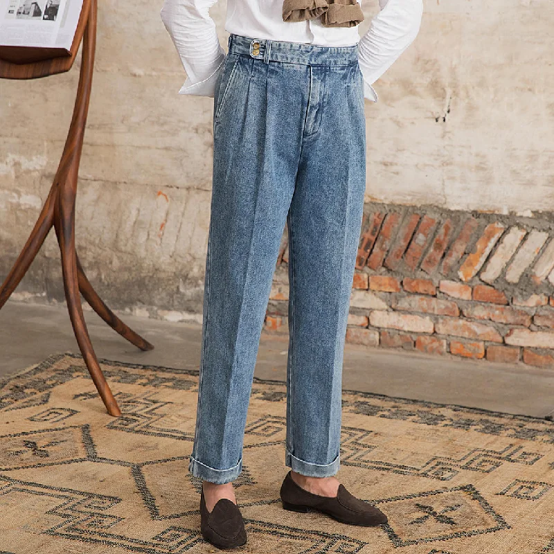 Portofino Double Pleated Straight Fit Denim Trousers