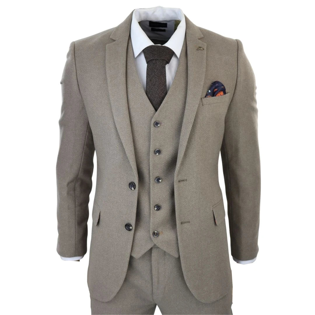 SW105258 - Men's Beige Blue 3 Piece Tweed Wool Suit