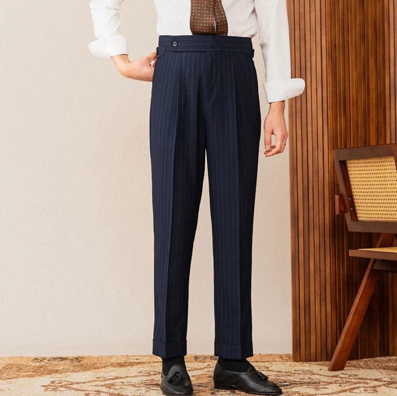 Wall Street Pinstripe Double Pleated Straight Fit Trousers