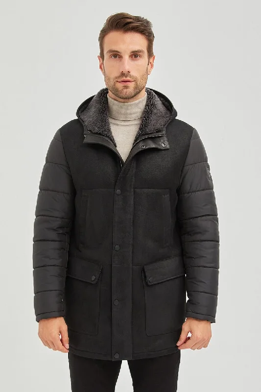 Alpine Men's Hooded Shearling Sheepskin Coat - Black