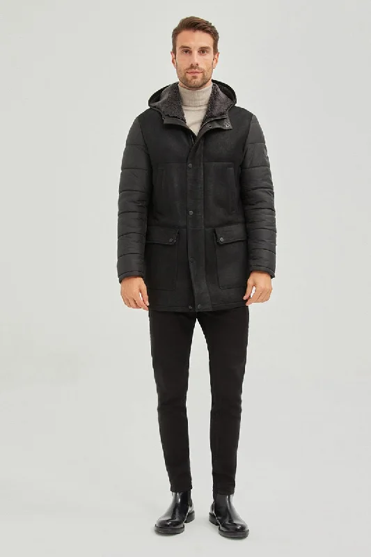 Alpine Men's Hooded Shearling Sheepskin Coat - Black